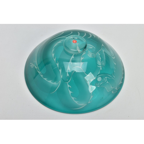 153 - JULIA LINSTEAD (BRITISH CONTEMPORARY) A GREEN OVERLAY GLASS BOWL WITH DRAGON DECORATION, signed to t... 