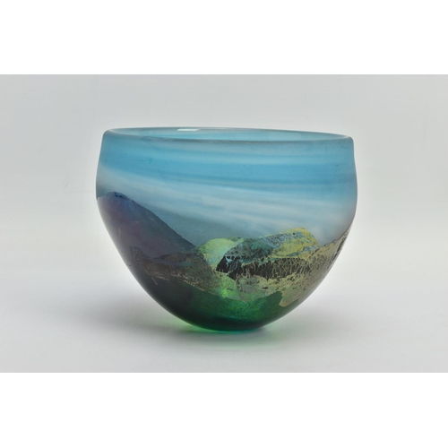 154 - JOY GREENHALGH (BRITISH CONTEMPORARY) A GLASS BOWL DECORATED WITH A LANDSCAPE DESIGN,  signed to the... 