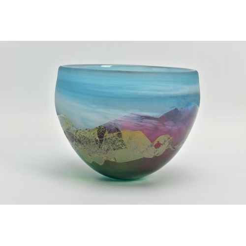 154 - JOY GREENHALGH (BRITISH CONTEMPORARY) A GLASS BOWL DECORATED WITH A LANDSCAPE DESIGN,  signed to the... 