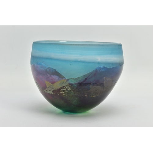 154 - JOY GREENHALGH (BRITISH CONTEMPORARY) A GLASS BOWL DECORATED WITH A LANDSCAPE DESIGN,  signed to the... 