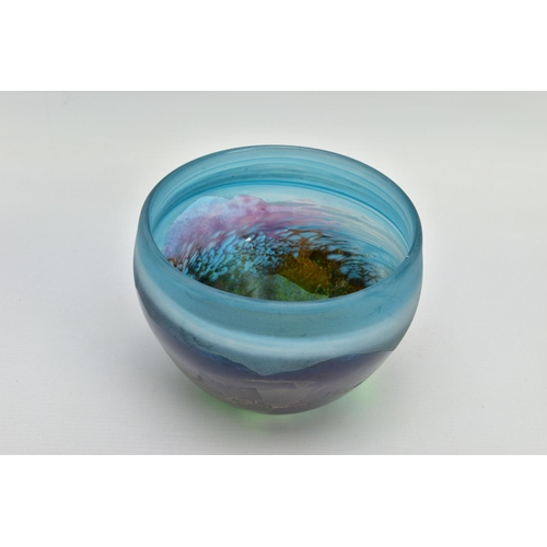 154 - JOY GREENHALGH (BRITISH CONTEMPORARY) A GLASS BOWL DECORATED WITH A LANDSCAPE DESIGN,  signed to the... 