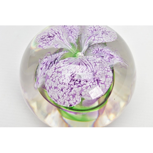 156 - SIDDY LANGLEY (BRITISH CONTEMPORARY) AN ORCHID DESIGN GLASS PAPERWEIGHT, signed and dated 1996 to th... 