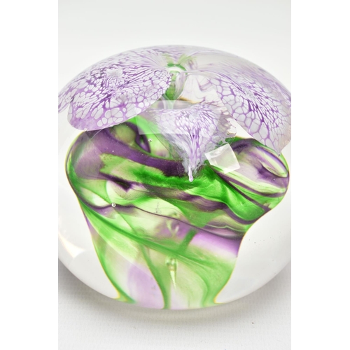 156 - SIDDY LANGLEY (BRITISH CONTEMPORARY) AN ORCHID DESIGN GLASS PAPERWEIGHT, signed and dated 1996 to th... 