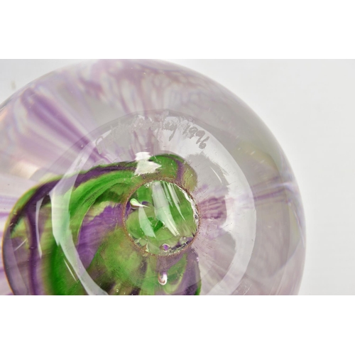 156 - SIDDY LANGLEY (BRITISH CONTEMPORARY) AN ORCHID DESIGN GLASS PAPERWEIGHT, signed and dated 1996 to th... 