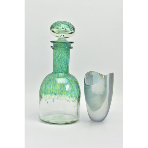 157 - PAULINE SOLVEN (BRITISH 1943) A CONICAL GLASS VASE OF COMPRESSED FORM, the exterior having alternati... 