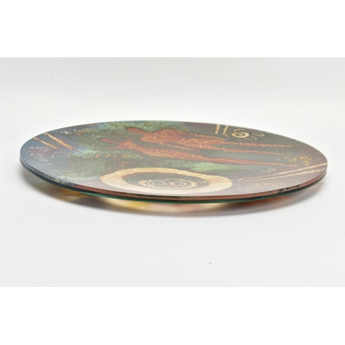 159 - JOY GREENHALGH (BRITISH CONTEMPORARY) A SHALLOW GLASS CHARGER DECORATED WITH AN ABSTRACT DESIGN, com... 