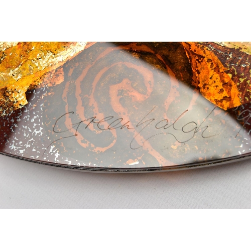 159 - JOY GREENHALGH (BRITISH CONTEMPORARY) A SHALLOW GLASS CHARGER DECORATED WITH AN ABSTRACT DESIGN, com... 