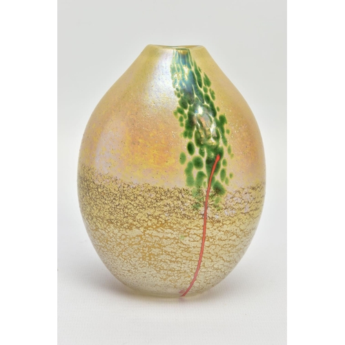 160 - NORMAN STUART CLARKE (BRITISH 1946) A GLASS VASE OF COMPRESSED OVAL FORM, a mottled iridescent body ... 