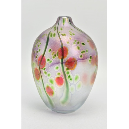 162 - PETER LAYTON (BRITISH 1937) AN IRIDESCENT OVOID SHAPED GLASS VASE, decorated with berries and foliag... 