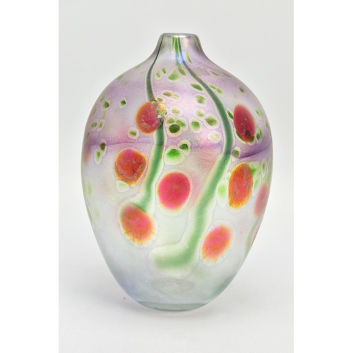 162 - PETER LAYTON (BRITISH 1937) AN IRIDESCENT OVOID SHAPED GLASS VASE, decorated with berries and foliag... 