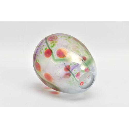 162 - PETER LAYTON (BRITISH 1937) AN IRIDESCENT OVOID SHAPED GLASS VASE, decorated with berries and foliag... 