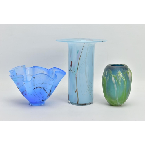 167 - THREE 20TH CENTURY STUDIO GLASS VASES, comprising a William Walker handkerchief vase, signed and dat... 