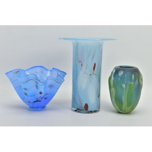 167 - THREE 20TH CENTURY STUDIO GLASS VASES, comprising a William Walker handkerchief vase, signed and dat... 