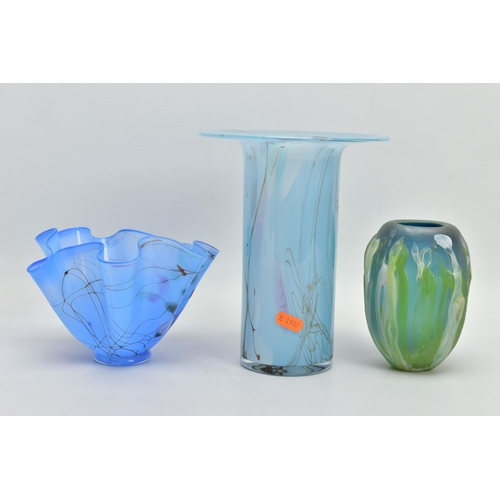 167 - THREE 20TH CENTURY STUDIO GLASS VASES, comprising a William Walker handkerchief vase, signed and dat... 