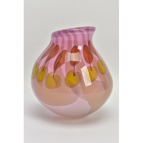 168 - KARLIN RUSHBROOKE (BRITISH 1944) A STUDIO GLASS VASE OF SWOLLLEN BALUSTER FORM, green and pink freef... 