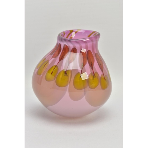 168 - KARLIN RUSHBROOKE (BRITISH 1944) A STUDIO GLASS VASE OF SWOLLLEN BALUSTER FORM, green and pink freef... 