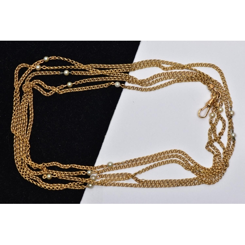 17 - A MID 19TH CENTURY FRENCH 18CT YELLOW GOLD SEED PEARL LONGUARD CHAIN, designed as a fine double link... 