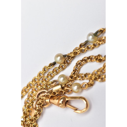 17 - A MID 19TH CENTURY FRENCH 18CT YELLOW GOLD SEED PEARL LONGUARD CHAIN, designed as a fine double link... 