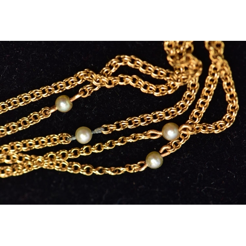 17 - A MID 19TH CENTURY FRENCH 18CT YELLOW GOLD SEED PEARL LONGUARD CHAIN, designed as a fine double link... 