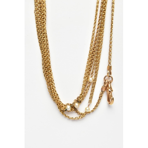 17 - A MID 19TH CENTURY FRENCH 18CT YELLOW GOLD SEED PEARL LONGUARD CHAIN, designed as a fine double link... 