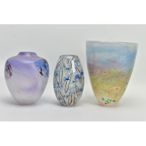 173 - THREE LATER 20TH CENTURY STUDIO GLASS VASES, comprising a Barry Cullen ovoid vase with frosted finis... 