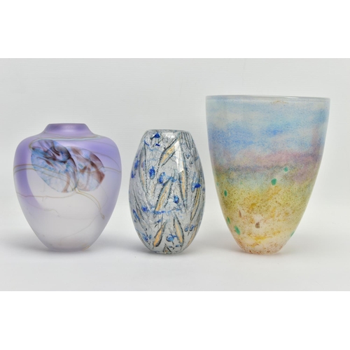 173 - THREE LATER 20TH CENTURY STUDIO GLASS VASES, comprising a Barry Cullen ovoid vase with frosted finis... 