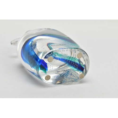 177 - GORAN WARFF FOR KOSTA BODA, a glass penguin paperweight having a green and blue internal stripe and ... 