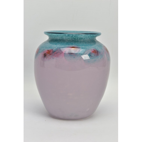 181 - A VASART STUDIO GLASS VASE, the pink mottled body has red swirls graduating to a mottled green rim, ... 