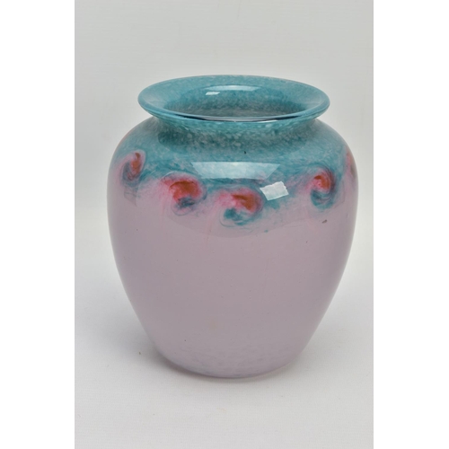 181 - A VASART STUDIO GLASS VASE, the pink mottled body has red swirls graduating to a mottled green rim, ... 