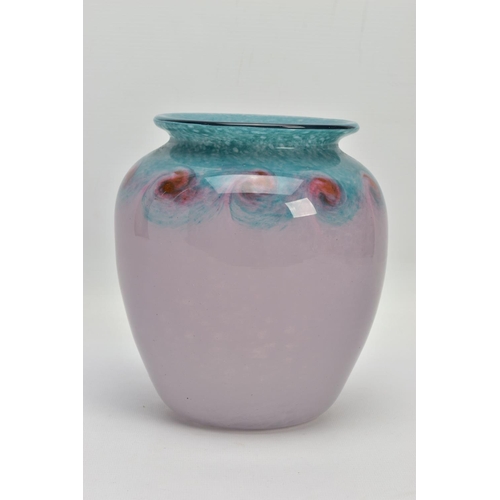 181 - A VASART STUDIO GLASS VASE, the pink mottled body has red swirls graduating to a mottled green rim, ... 