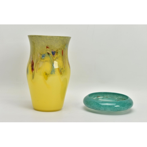 182 - TWO PIECES OF STRATHEARN STUDIO GLASS, comprising a graduated yellow baluster shaped vase with a ban... 