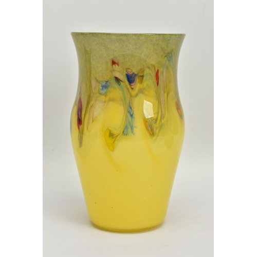 182 - TWO PIECES OF STRATHEARN STUDIO GLASS, comprising a graduated yellow baluster shaped vase with a ban... 