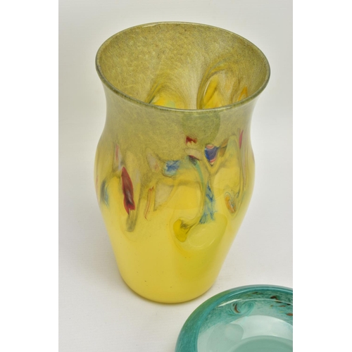 182 - TWO PIECES OF STRATHEARN STUDIO GLASS, comprising a graduated yellow baluster shaped vase with a ban... 