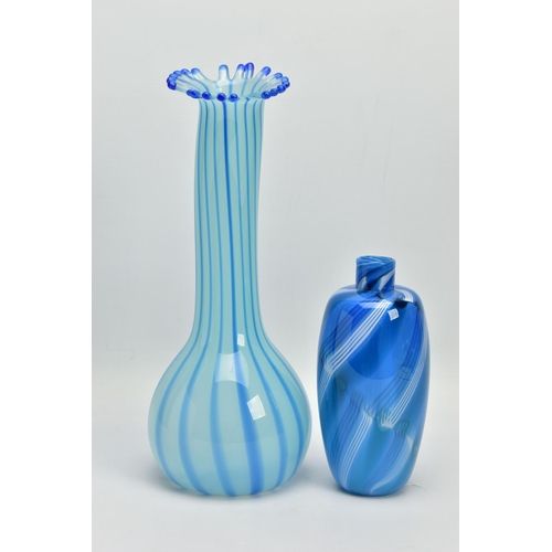 187 - TWO PIECES OF LATE 20TH CENTURY STUDIO GLASS, comprising an Annette Meech blue striped gourd vase, s... 