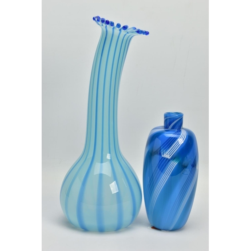 187 - TWO PIECES OF LATE 20TH CENTURY STUDIO GLASS, comprising an Annette Meech blue striped gourd vase, s... 