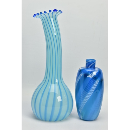 187 - TWO PIECES OF LATE 20TH CENTURY STUDIO GLASS, comprising an Annette Meech blue striped gourd vase, s... 