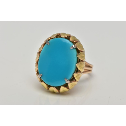 19 - A MID 20TH CENTURY TURQUOISE YELLOW METAL COCKTAIL RING, set with a principal oval flat polished top... 