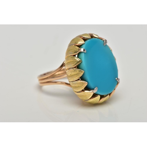 19 - A MID 20TH CENTURY TURQUOISE YELLOW METAL COCKTAIL RING, set with a principal oval flat polished top... 