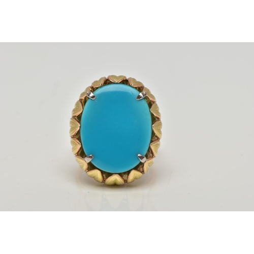 19 - A MID 20TH CENTURY TURQUOISE YELLOW METAL COCKTAIL RING, set with a principal oval flat polished top... 