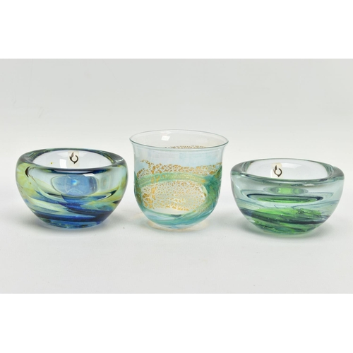 191 - THREE ISLE OF WIGHT STUDIO GLASS BOWLS, the two shorter bowls have impressed marks to the base and p... 