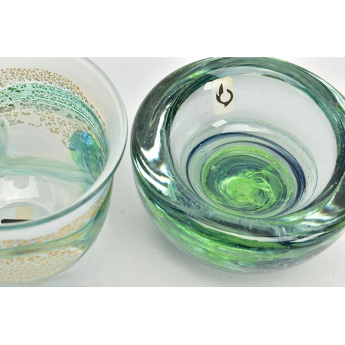 191 - THREE ISLE OF WIGHT STUDIO GLASS BOWLS, the two shorter bowls have impressed marks to the base and p... 