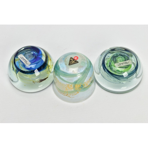 191 - THREE ISLE OF WIGHT STUDIO GLASS BOWLS, the two shorter bowls have impressed marks to the base and p... 