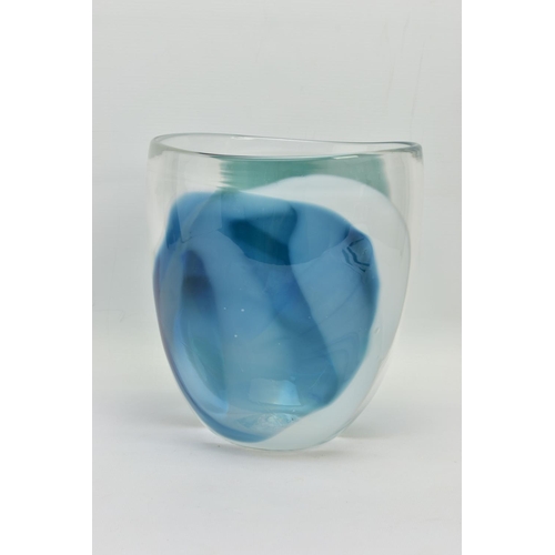 196 - ANNETTE MEECH (CONTEMPORARY) A LARGE STUDIO GLASS VASE, of compressed form with blue, green and whit... 