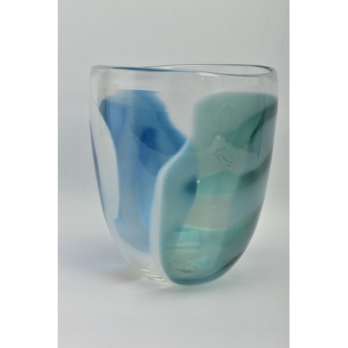 196 - ANNETTE MEECH (CONTEMPORARY) A LARGE STUDIO GLASS VASE, of compressed form with blue, green and whit... 