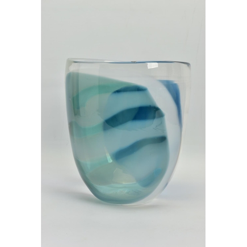 196 - ANNETTE MEECH (CONTEMPORARY) A LARGE STUDIO GLASS VASE, of compressed form with blue, green and whit... 