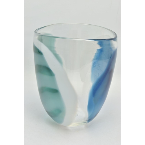 196 - ANNETTE MEECH (CONTEMPORARY) A LARGE STUDIO GLASS VASE, of compressed form with blue, green and whit... 