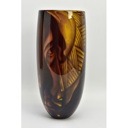 203 - JOHN FORD FOR DARTINGTON GLASS,  A GRAAL VASE OF TAPERING CYLINDRICAL FORM, depicting three faces, c... 