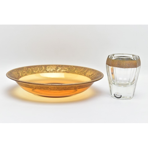 205 - TWO PIECES OF MOSER GLASS WARE, comprising an clear glass octagonal faceted vase with gold coloured ... 