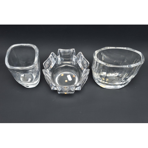 207 - THREE PIECES OF ORREFORS GLASS, comprising a Corona bowl, the castellated panels are alternately etc... 