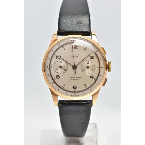 26 - A 18CT GOLD DREFFA TWIN DIAL CHRONOGRAPH WRISTWATCH, hand wound movement, silver tone round dial sig... 